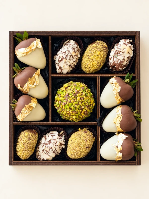 Фруктовый бокс "Eid" — «Фруктовый бокс Eid» — фруктовый набор Dolce Sweets из 6 ягод клубники в белом и молочном шоколаде, 6…